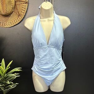 Tommy Hilfiger UV 50+ UPF/SPF compression fit,low v-cut,ruched sides,stretch